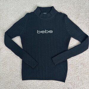 Bebe Y2K Ribbed Knit Sweater Women Size M Black Mock Neck Beaded Logo 90s